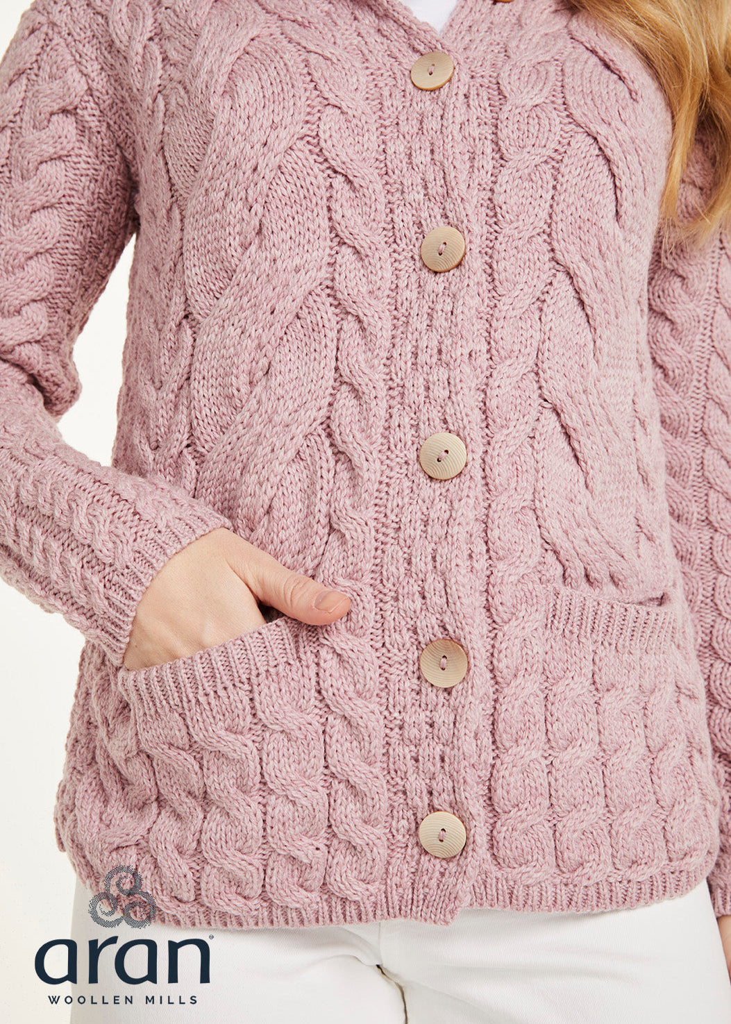 Belcarra Ladies Aran Cardigan | Pink