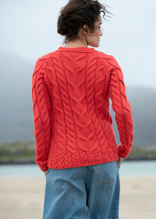 Listowel Ladies Aran Cabled Sweater | Coral