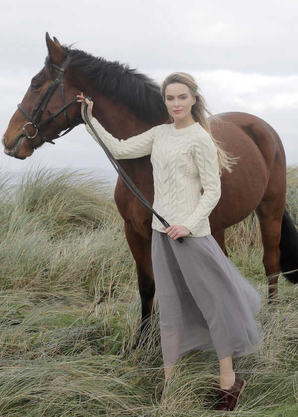 Listowel Ladies Aran Cabled Sweater | Natural