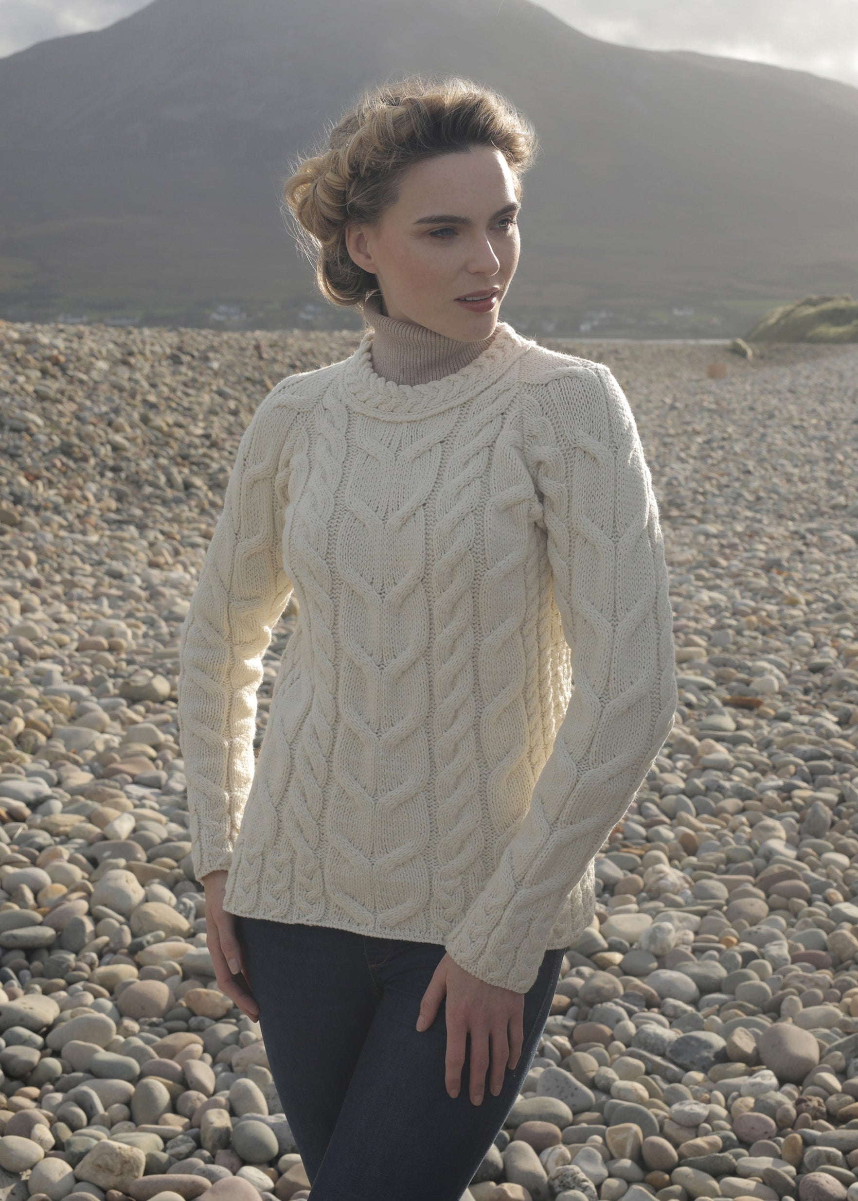 Listowel Ladies Aran Cabled Sweater | Natural