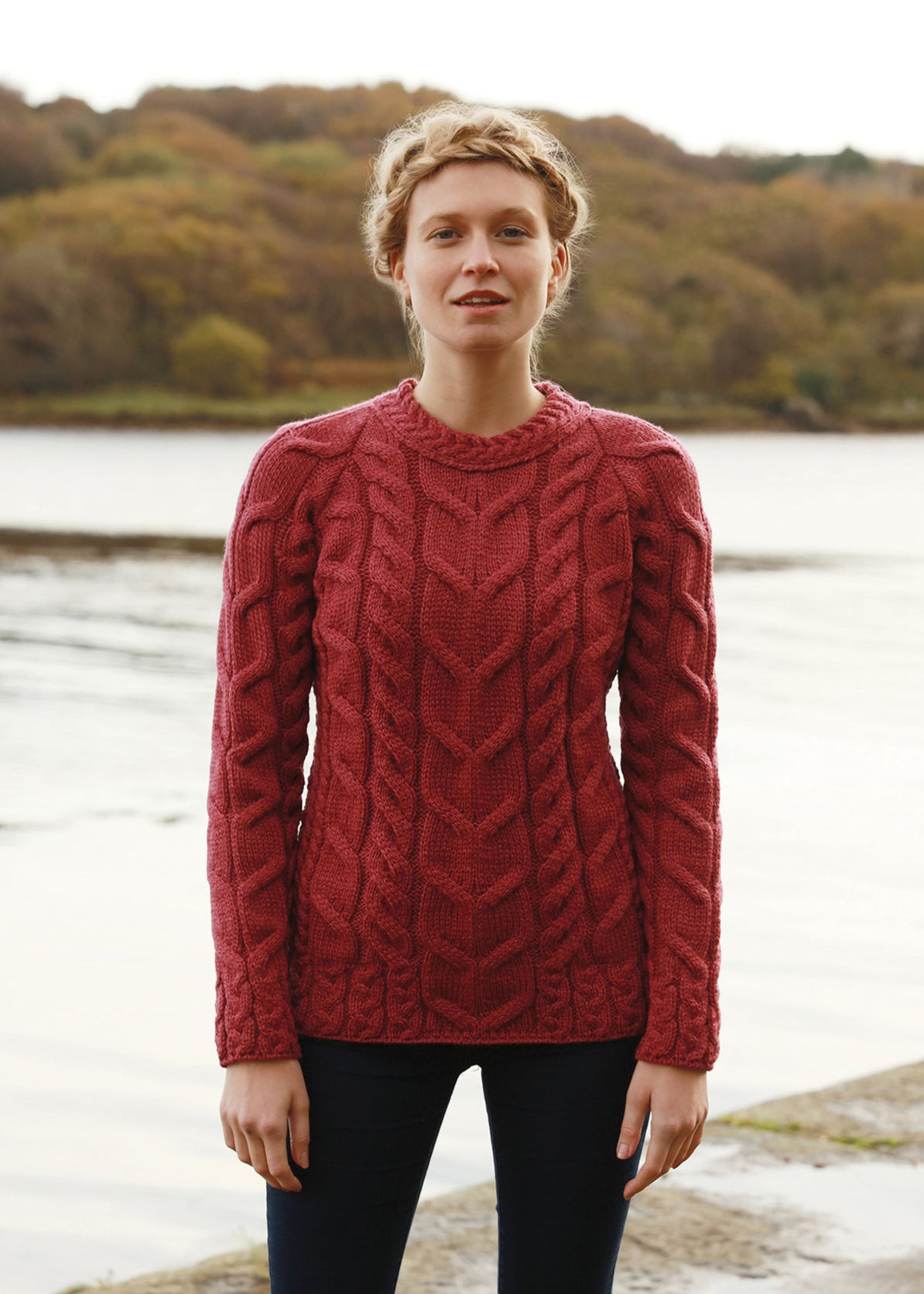Listowel Ladies Aran Cabled Sweater | Raspberry