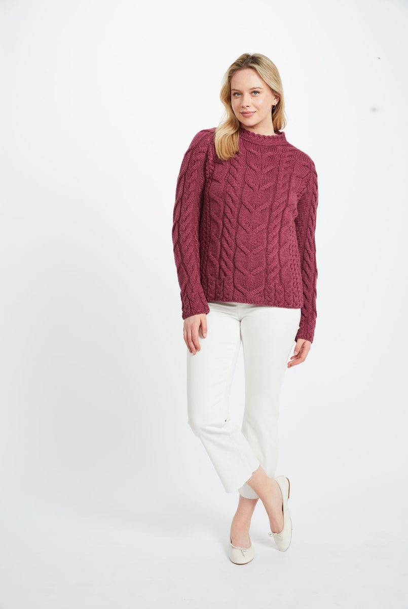 Listowel Ladies Aran Cabled Sweater Raspberry Skellig Gift Store