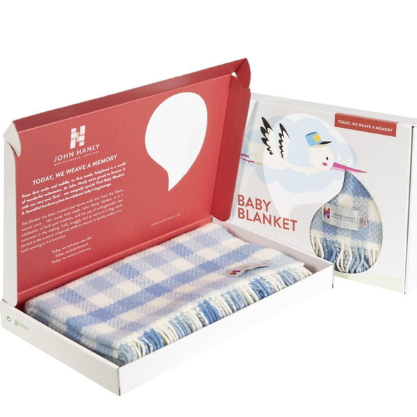 Irish Cashmere Baby Blanket Blue Block Check in a presentation box.