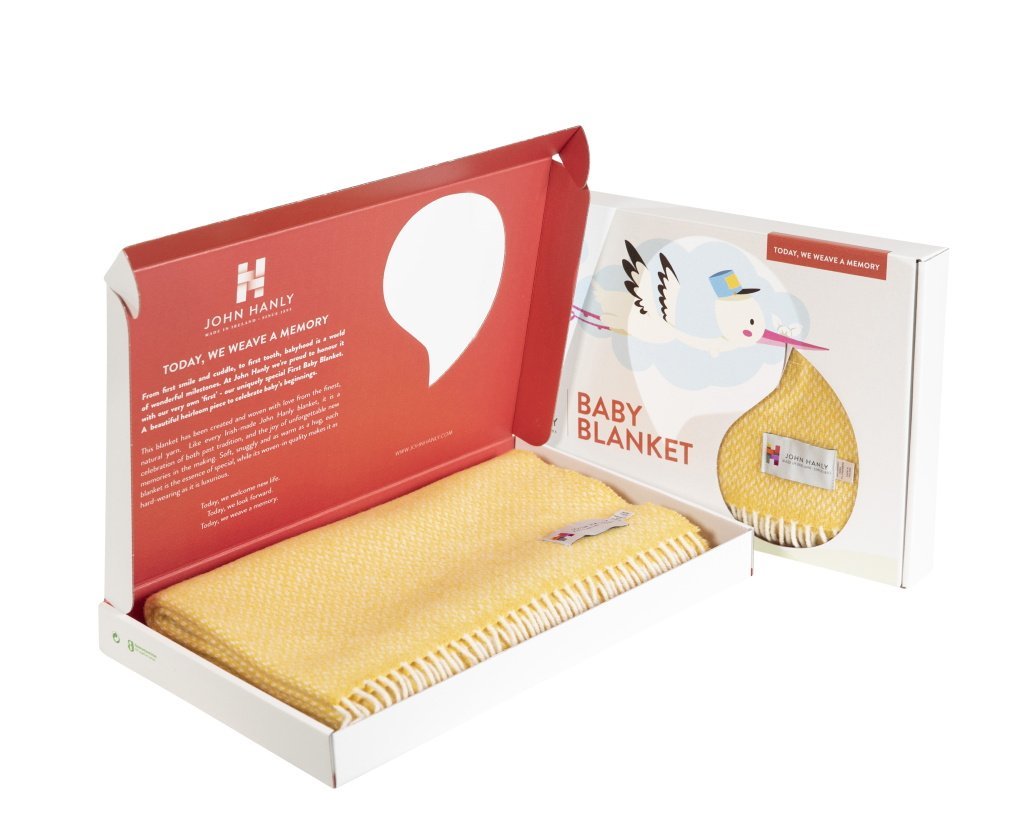 Irish Cashmere Baby Blanket Baby Yellow in a presentation box.