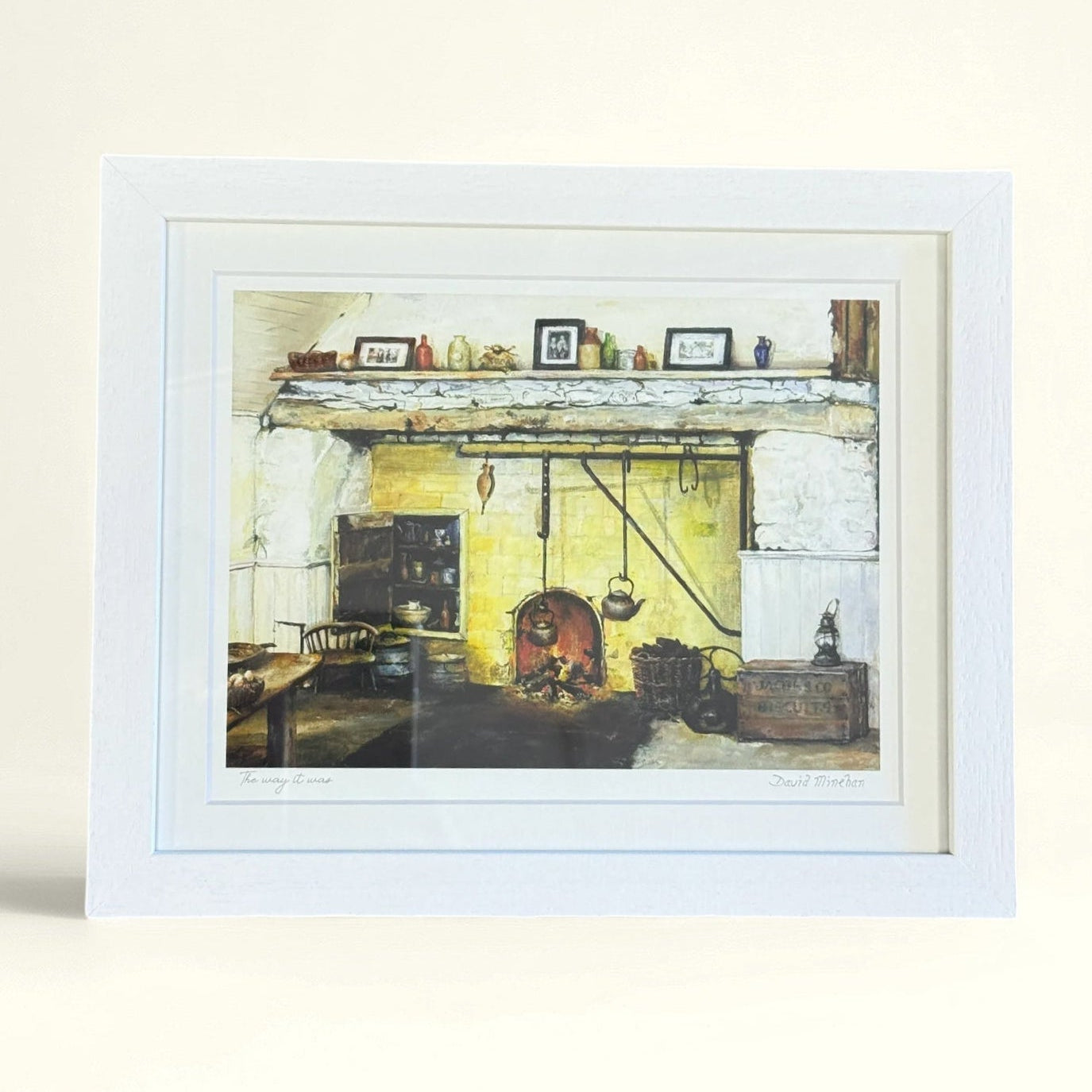 Framed artwork of a room with a fireplace on a beige background
