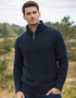 Men's Aran Half Zip Sweater - Blackwatch Navy Green | 100% Merino Wool