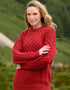 Unisex Aran Crew Neck Merino Wool Sweater | Cherry Red | Irish Made