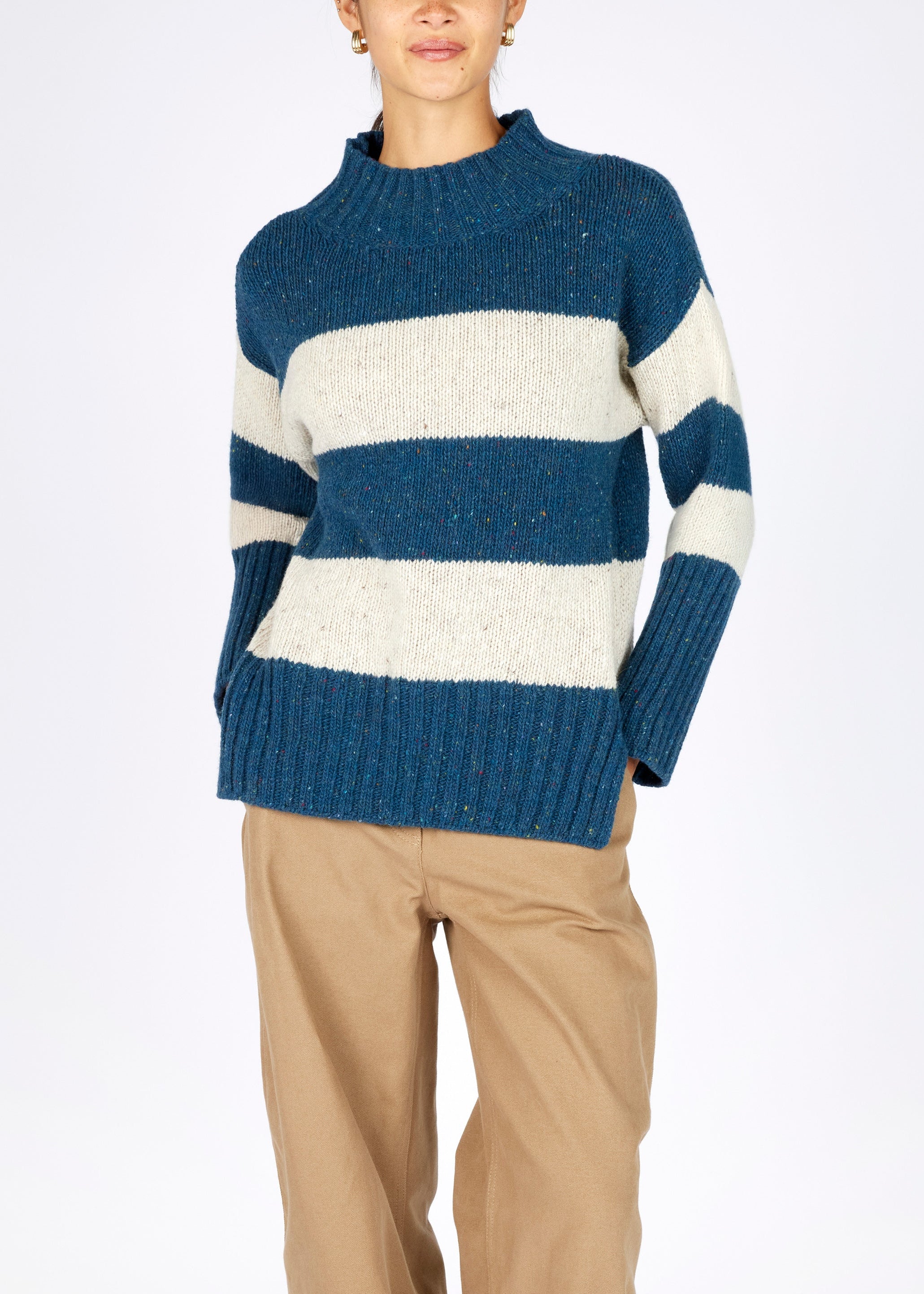 IrelandsEye Aran Stripe Funnel Neck Sweater | Ink Marl