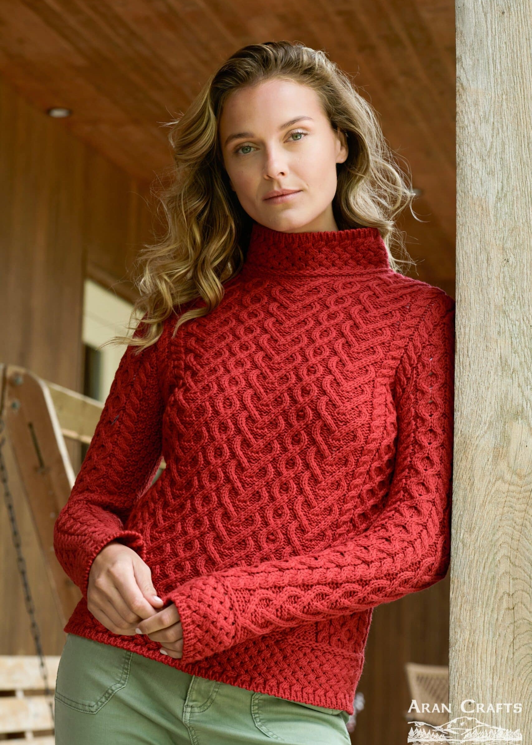 Aran Crafts Hearts High Neck Sweater | Red