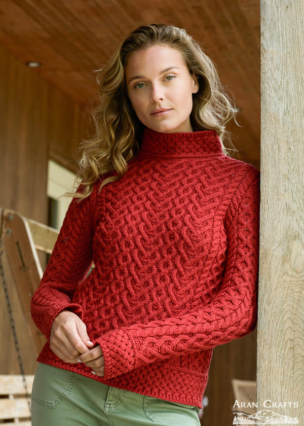 Aran Crafts Hearts High Neck Sweater | Red