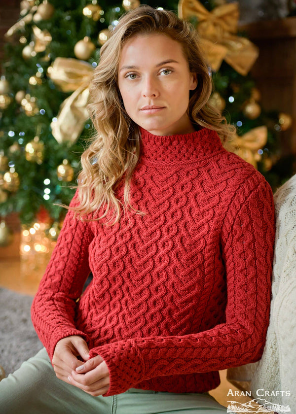 Aran Crafts Hearts High Neck Sweater | Red
