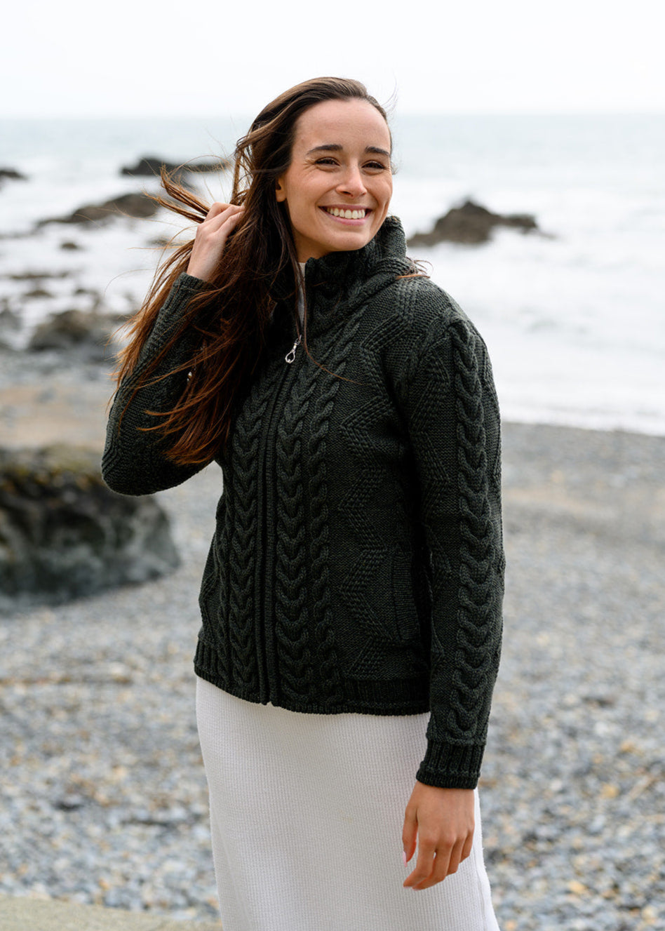 Cable Knit Aran Cardigan | Army Green