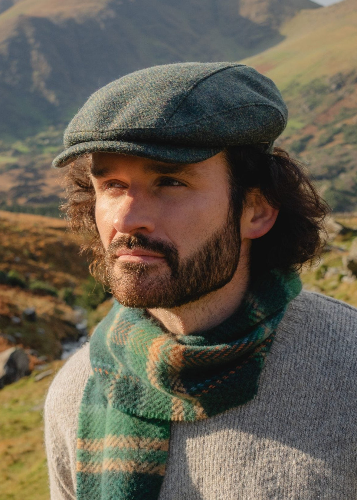 Driving Cap Forest Green Herringbone