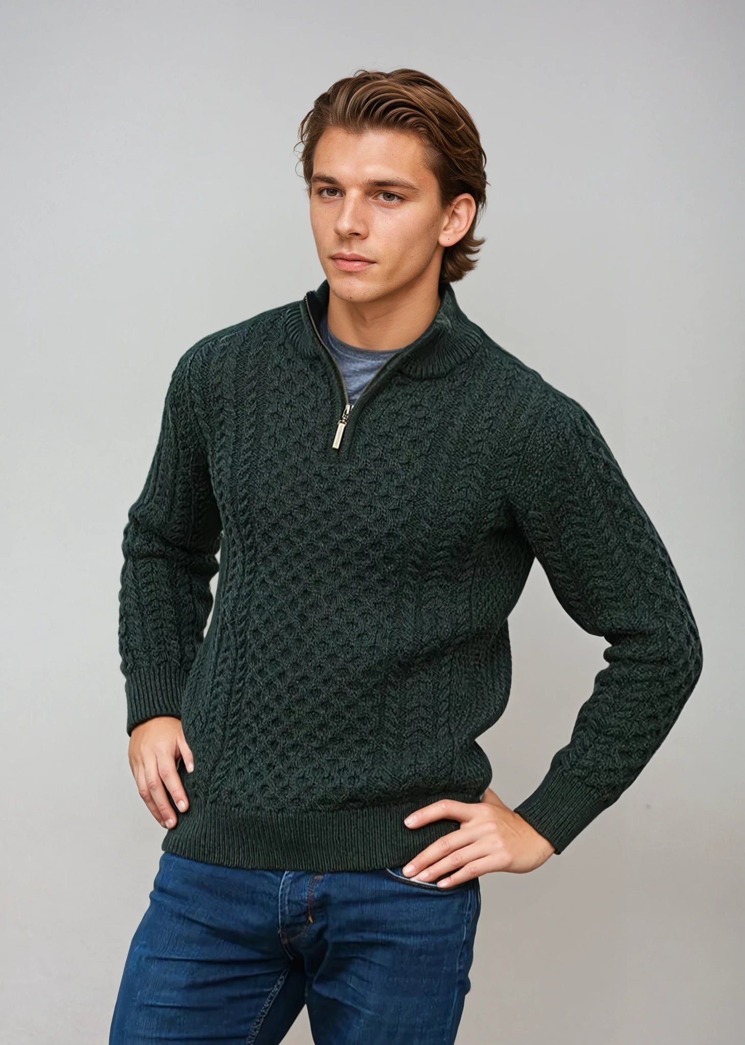 Aran Merino Wool Half Zip Sweater | Green