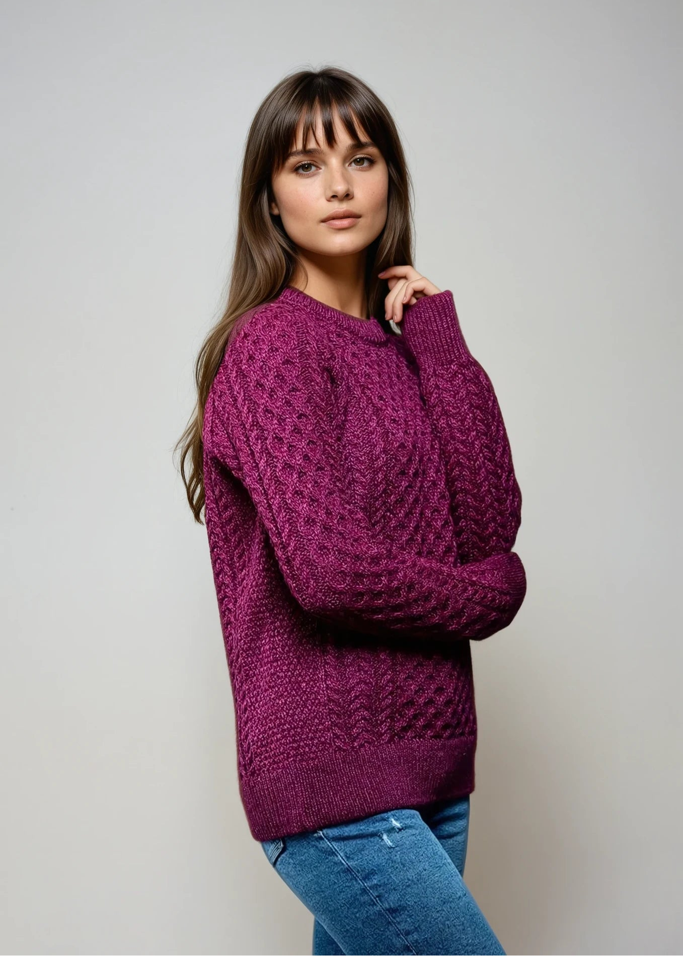 Ladies Slim-Fit Aran Sweater | Raspberry