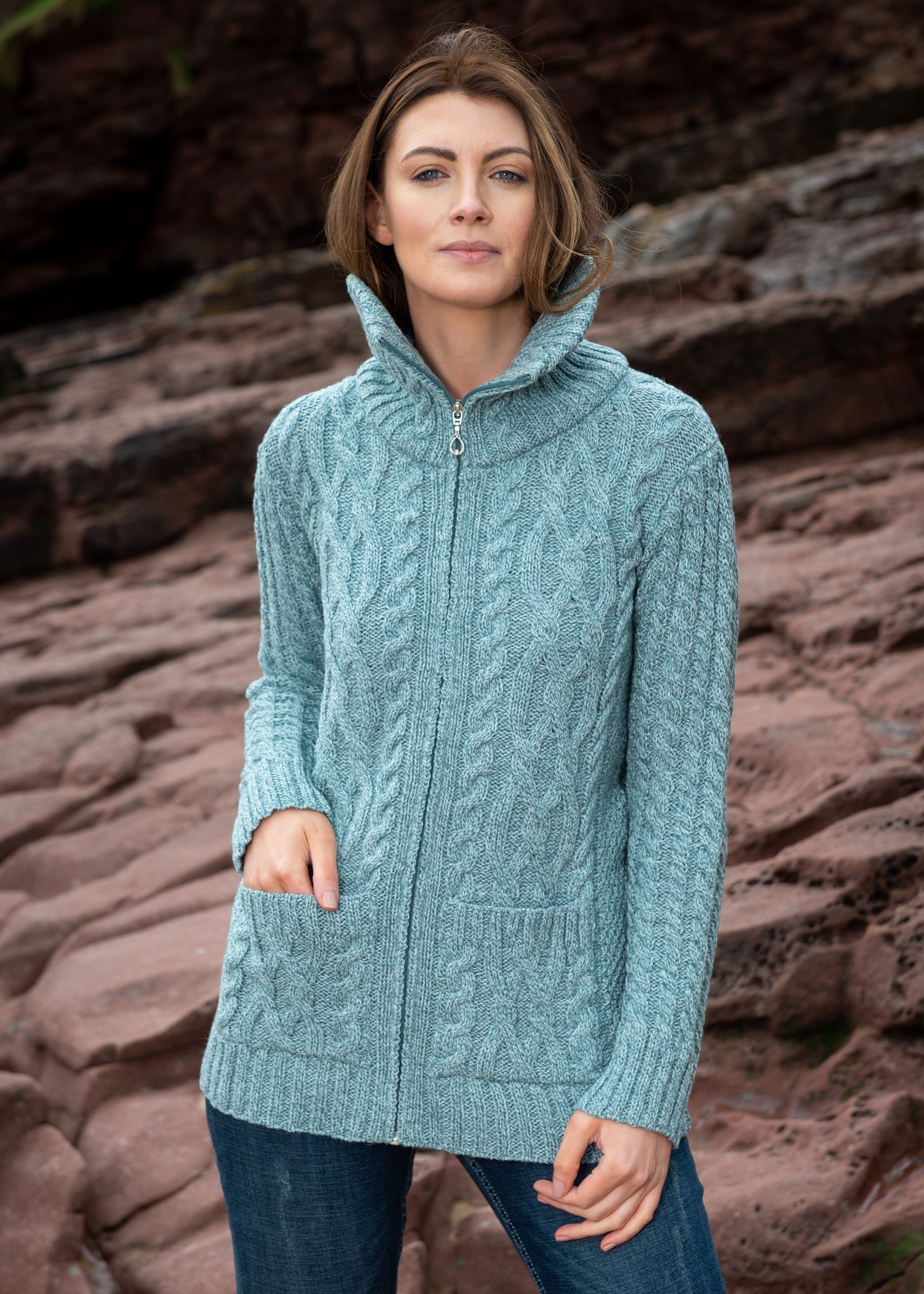 Aran Claddagh Zip Cardigan | Aqua