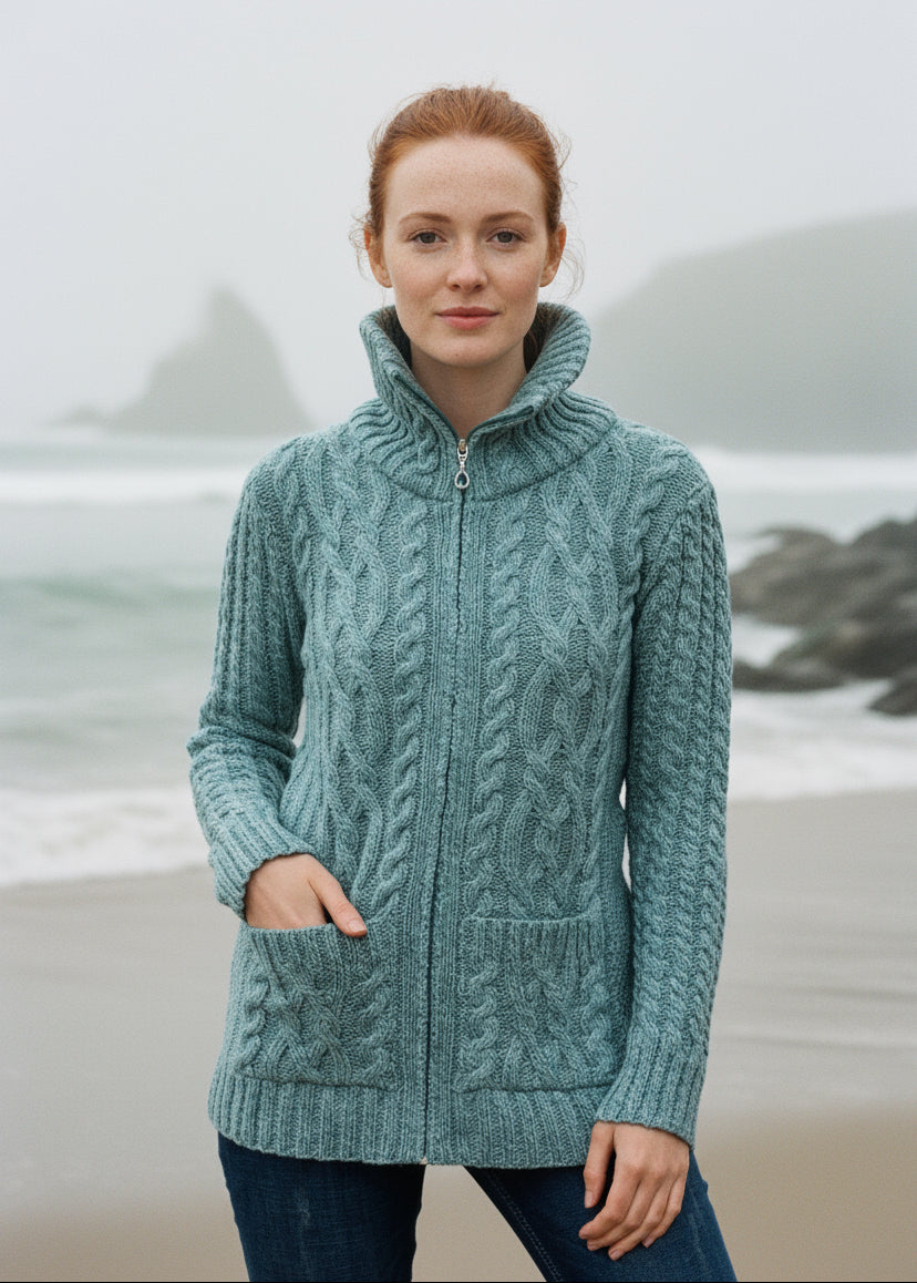 Aran Claddagh Zip Cardigan | Aqua