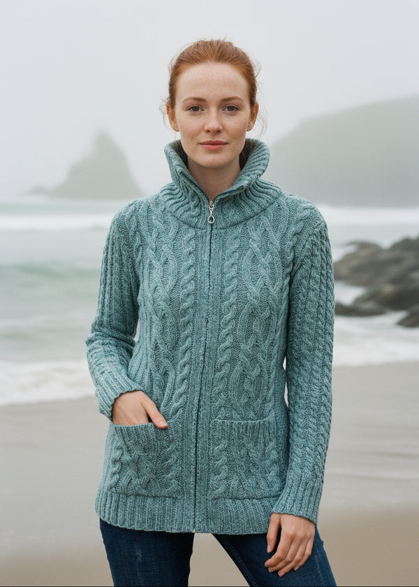 Aran Claddagh Zip Cardigan | Aqua