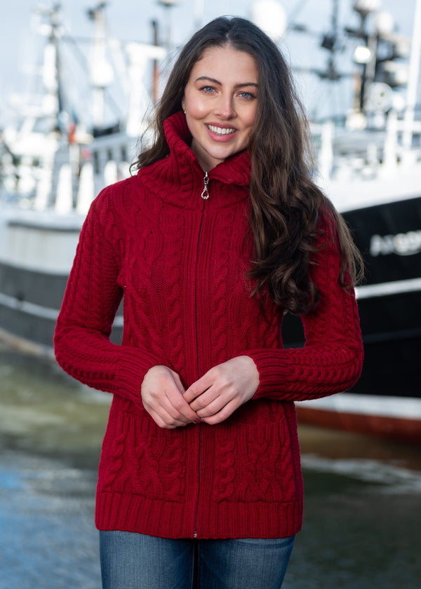 Aran Claddagh Zip Cardigan | Red