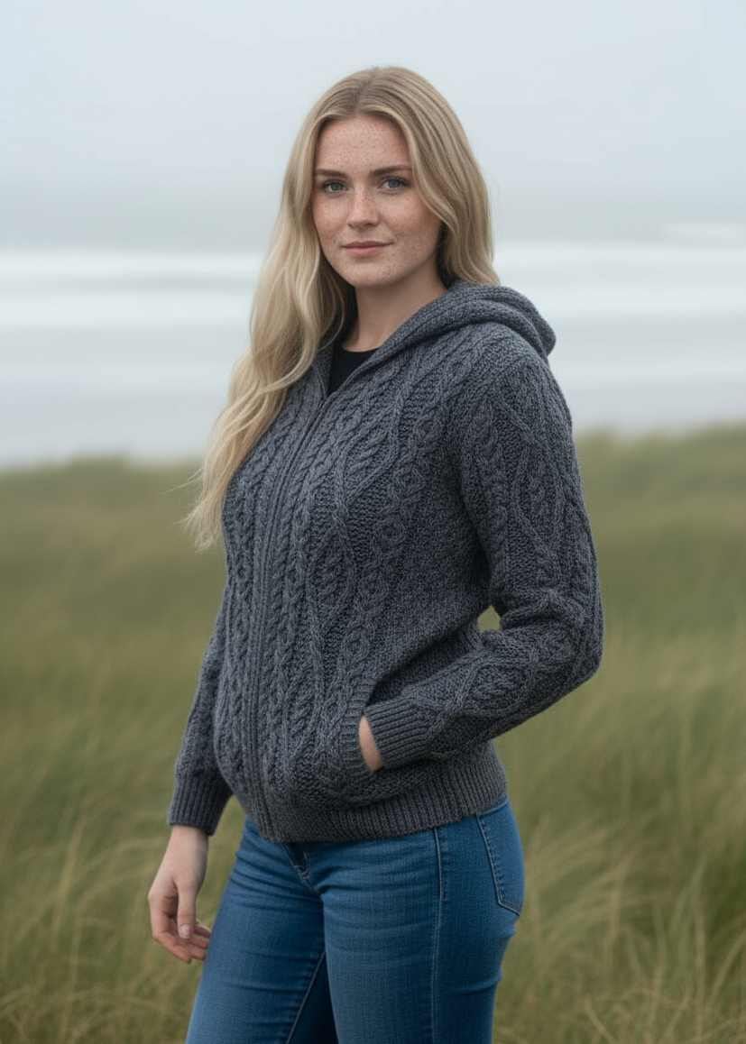 IrelandsEye Women's Aran Hooded Cardigan | Steel
