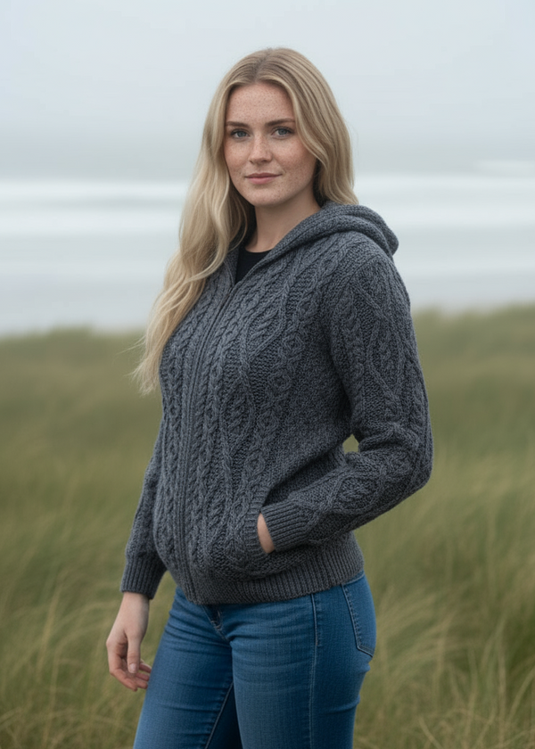 IrelandsEye Women's Aran Hooded Cardigan | Steel