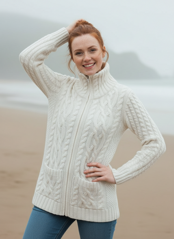 Aran Claddagh Zip Cardigan | Natural