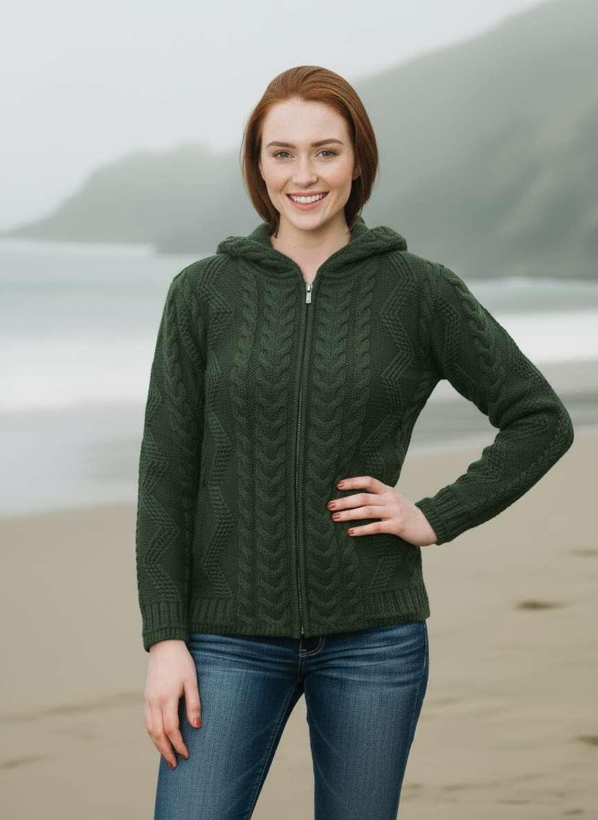 Aran Hooded Cardigan | Army Green
