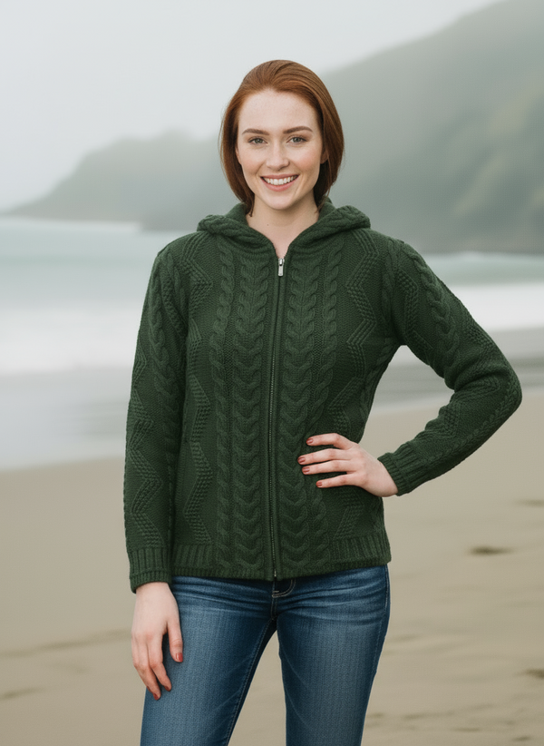 Aran Hooded Cardigan | Army Green