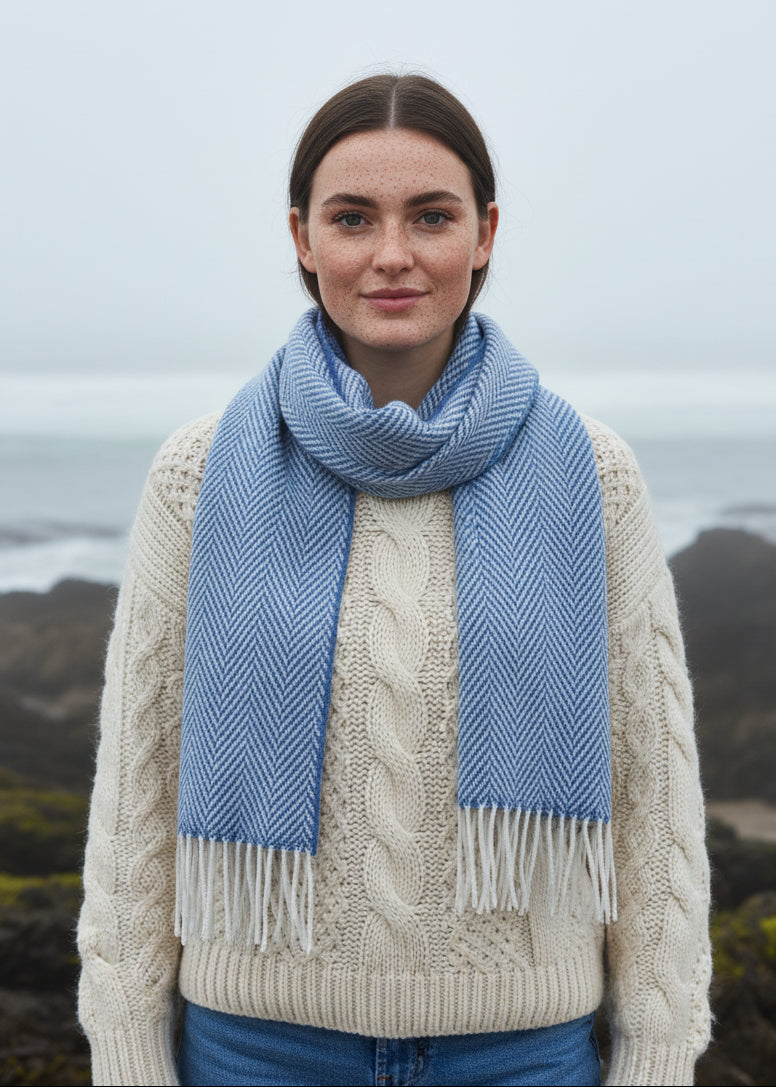 Foxford Denim & White Herringbone Cashmere Scarf