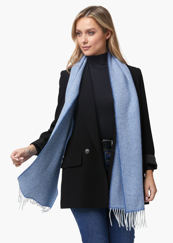 Foxford Merino Cashmere Scarf | Blue Herringbone