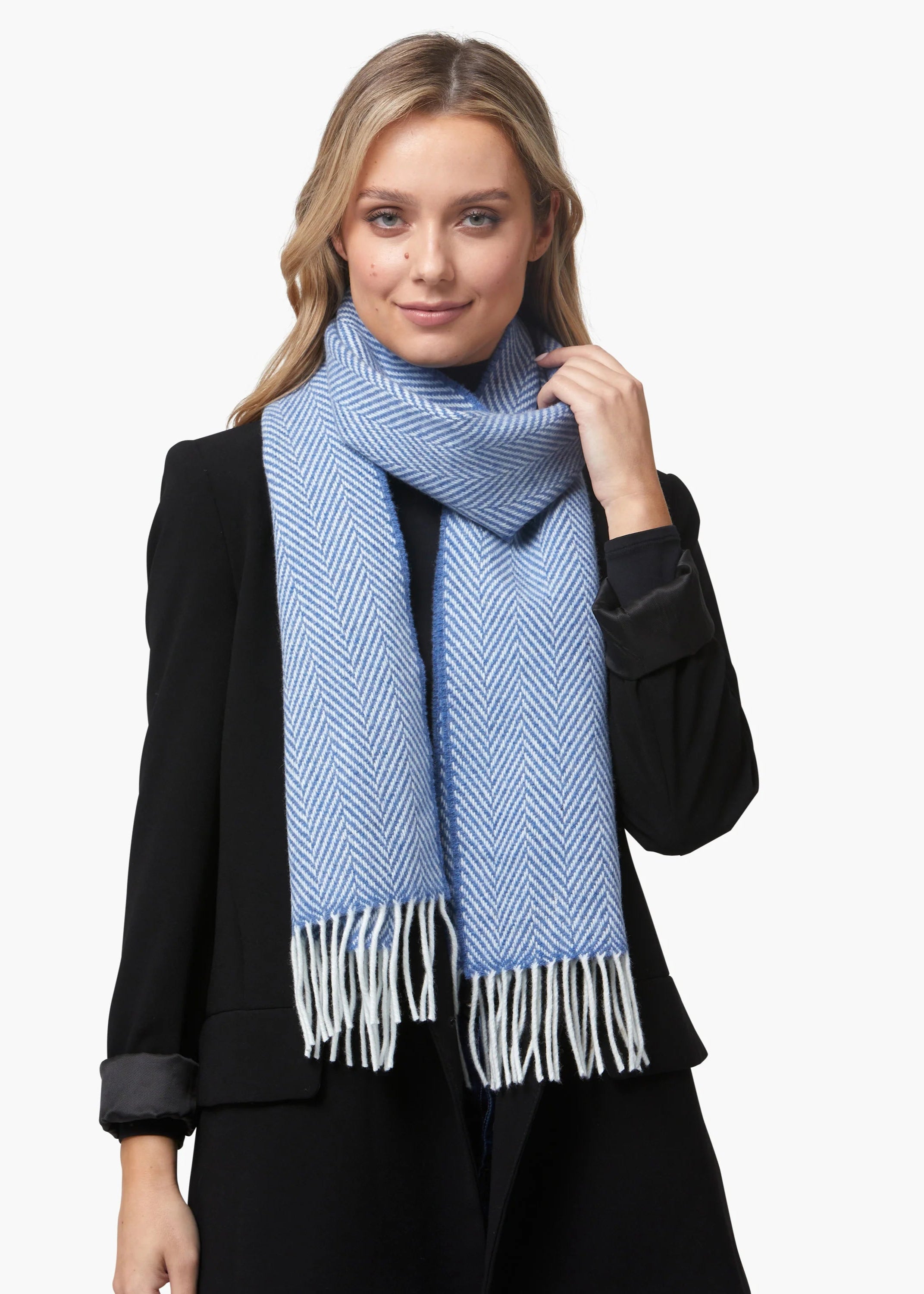 Foxford Merino Cashmere Scarf | Blue Herringbone
