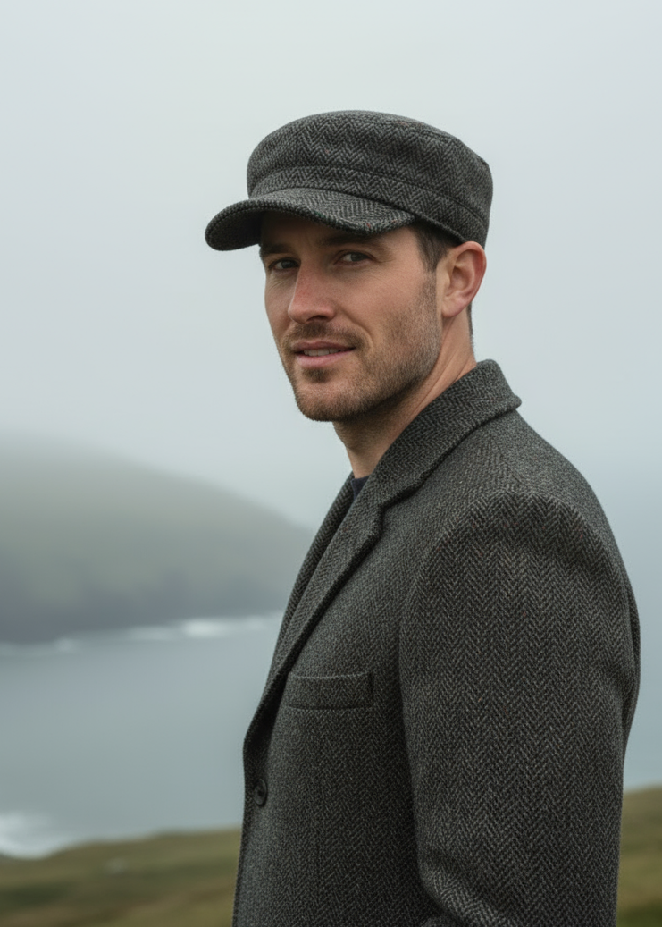Man wearing a cap and coat standing in a mountainous landscape