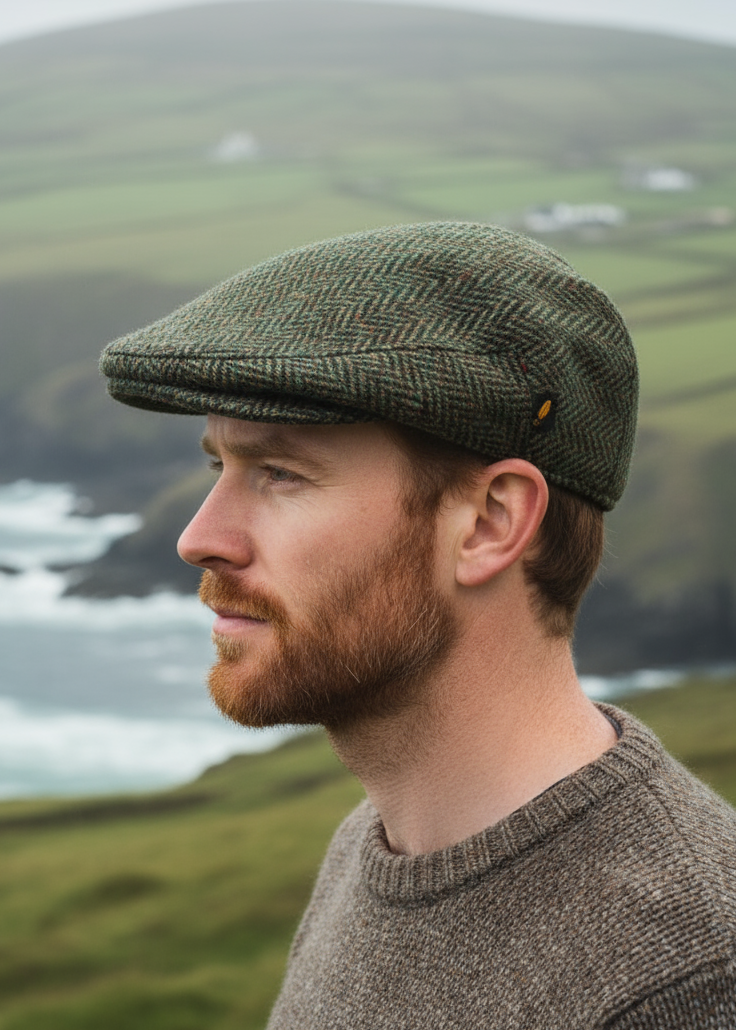 Donegal Tweed Flat Cap | Green Herringbone