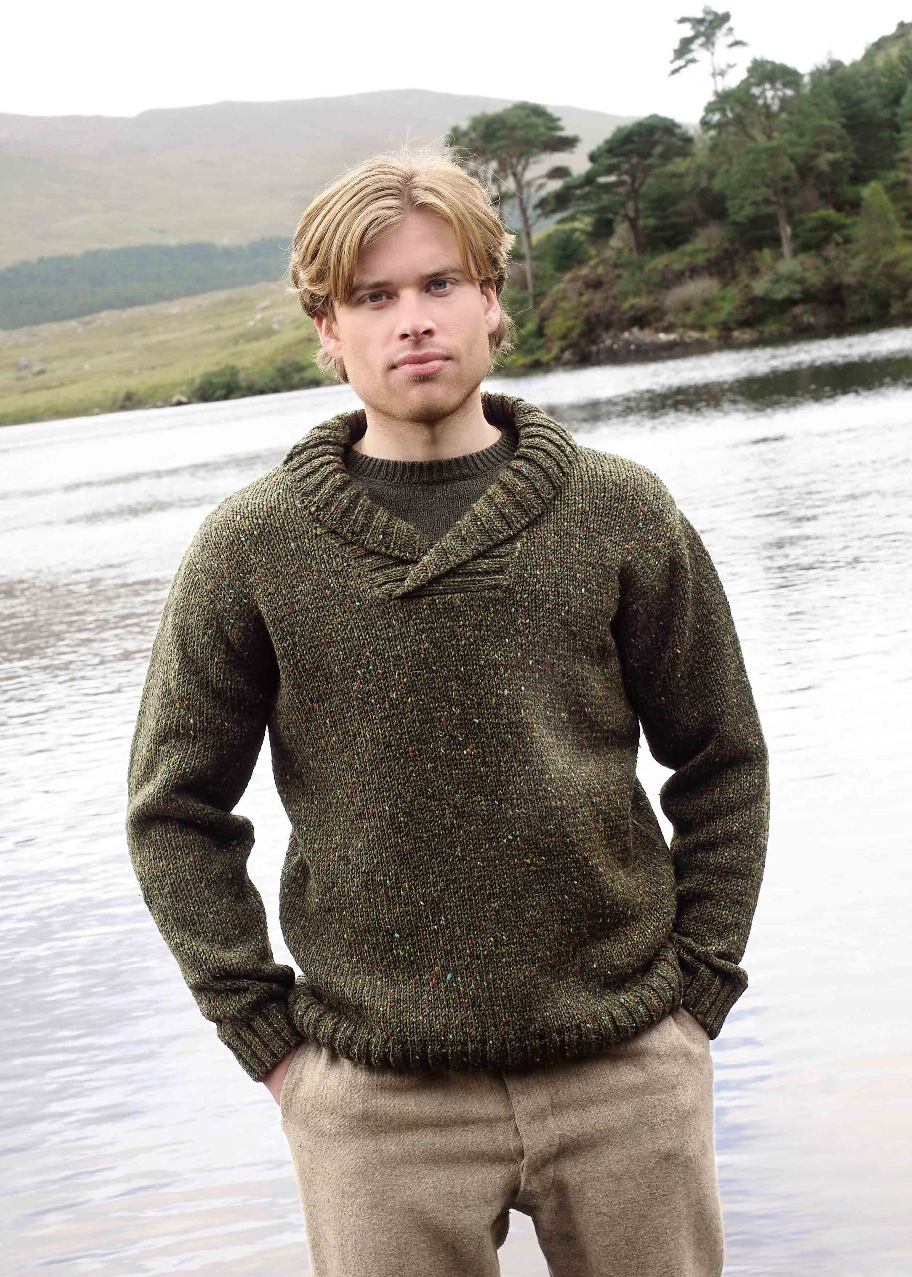 Donegal Wool Shawl Neck Sweater | Forest Green