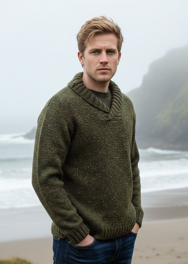 Donegal Wool Shawl Neck Sweater | Forest Green