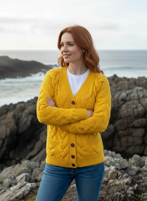 Downpatrick Ladies Aran Cardigan | Sunflower - Clearance