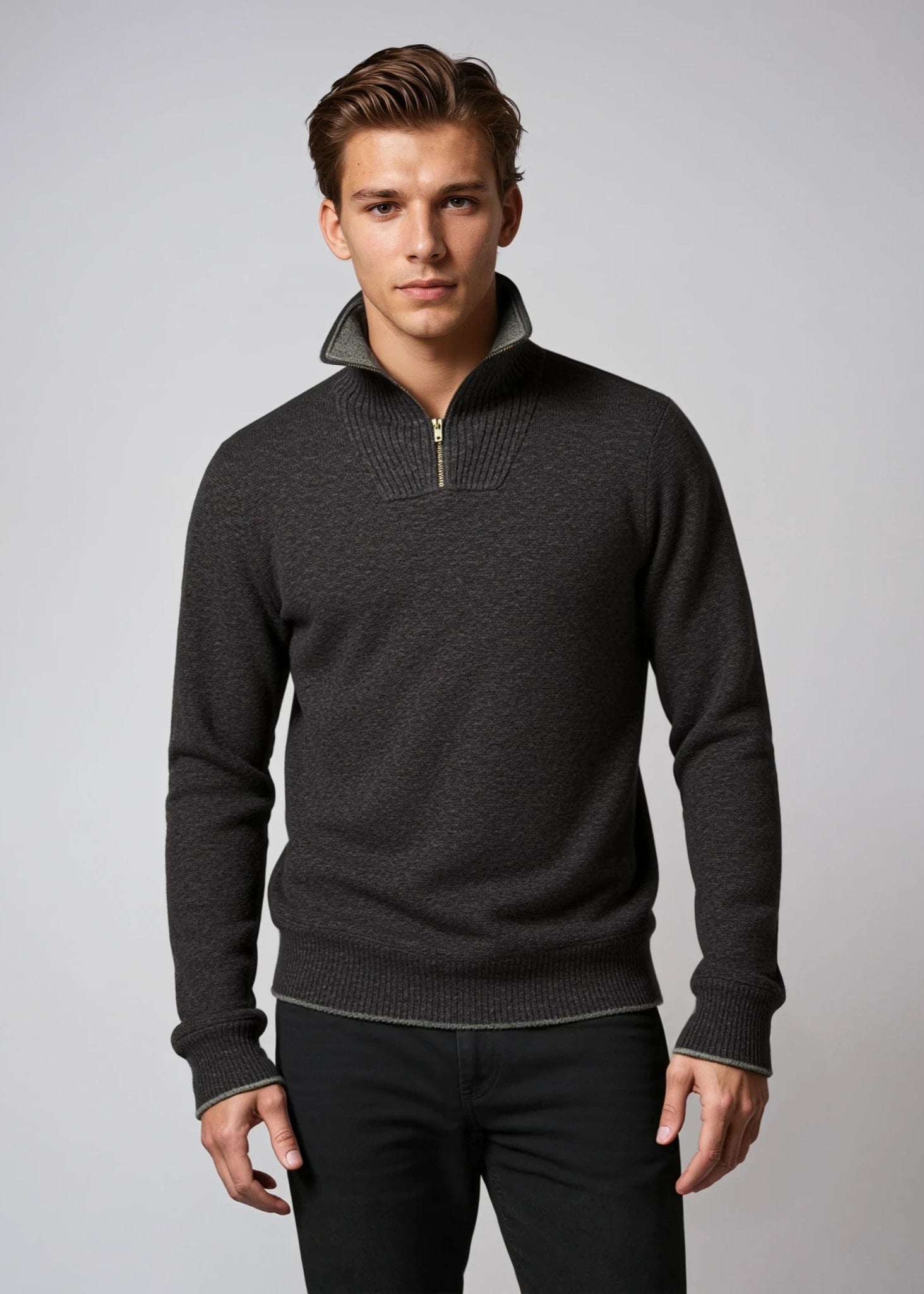 IrelandsEye Men's Zip Lambswool Sweater | Charcoal