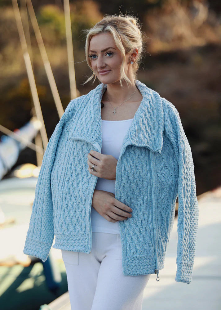 Aran Bikers Claddagh Side Zip Cardigan | Sky Blue