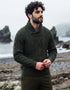 Men's Aran Shawl Neck Sweater | Army Green | 100% Merino Wool