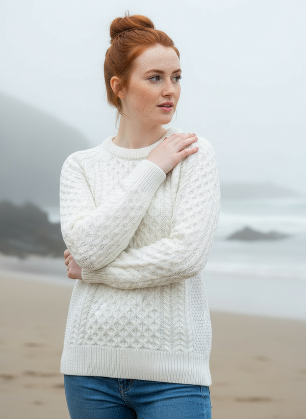 Ladies Slim-Fit Aran Sweater | Natural