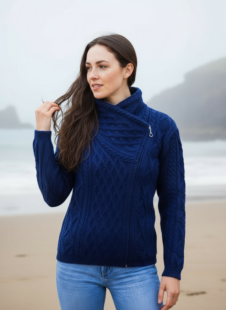 Claddagh Side Zip Aran Cardigan | Blue