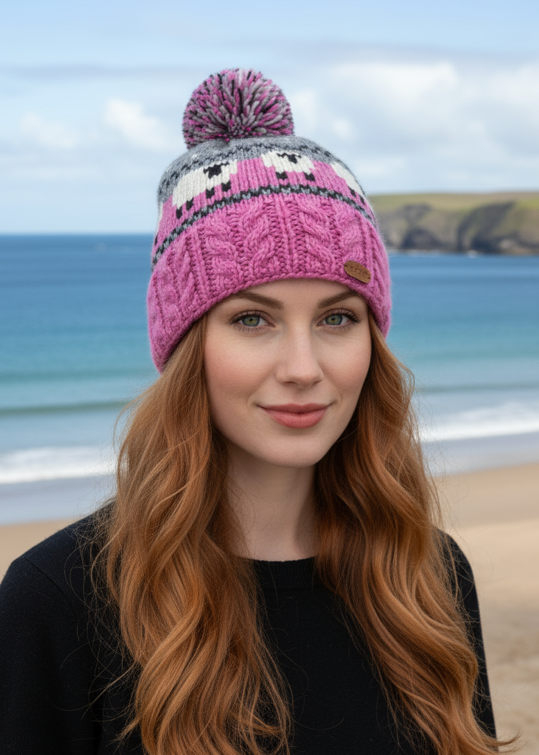 Erin Aran Sheep Bobble Hat | Pink & Grey