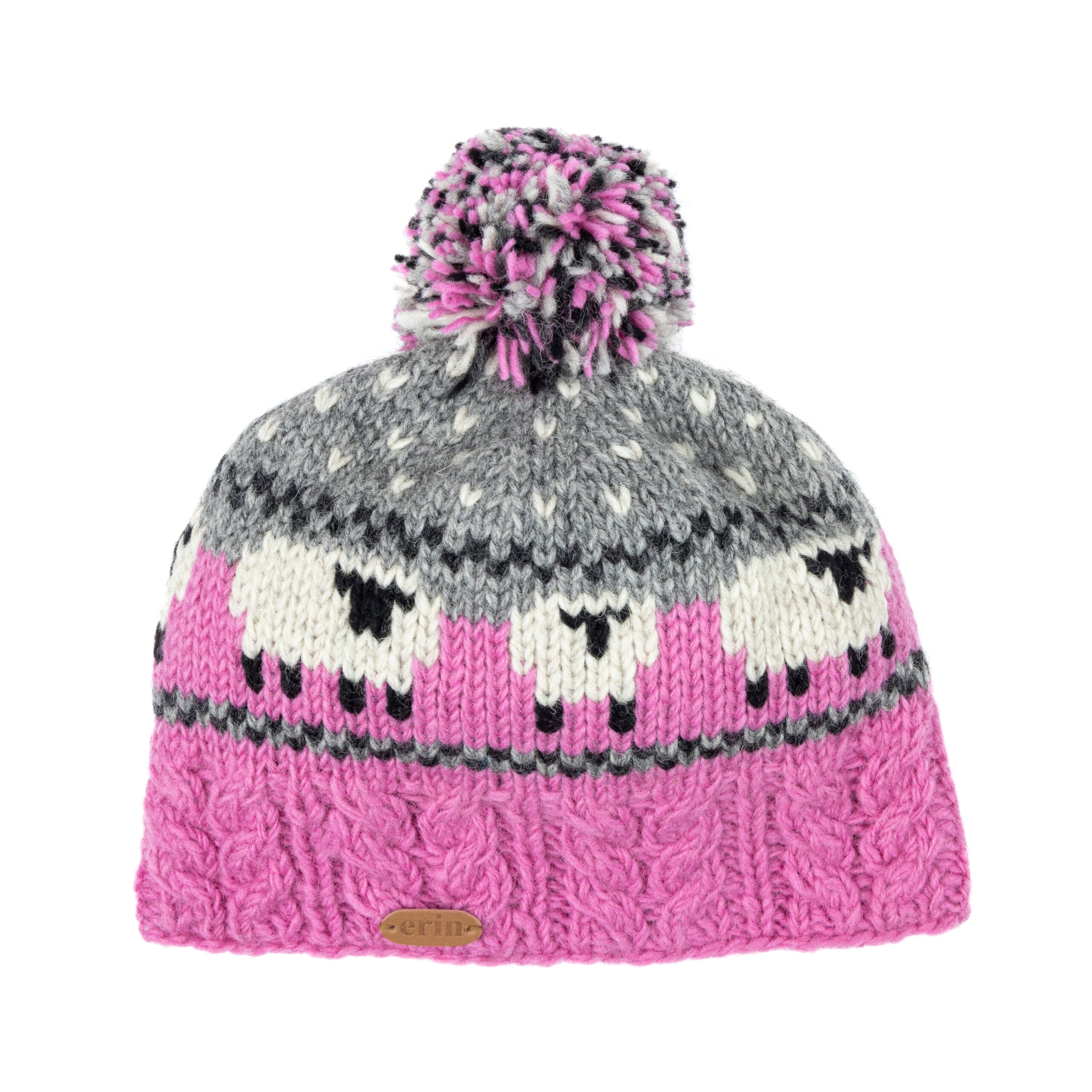 Knitted hat with pink and gray pattern and purple pom-pom on a white background