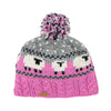 Knitted hat with pink and gray pattern and purple pom-pom on a white background