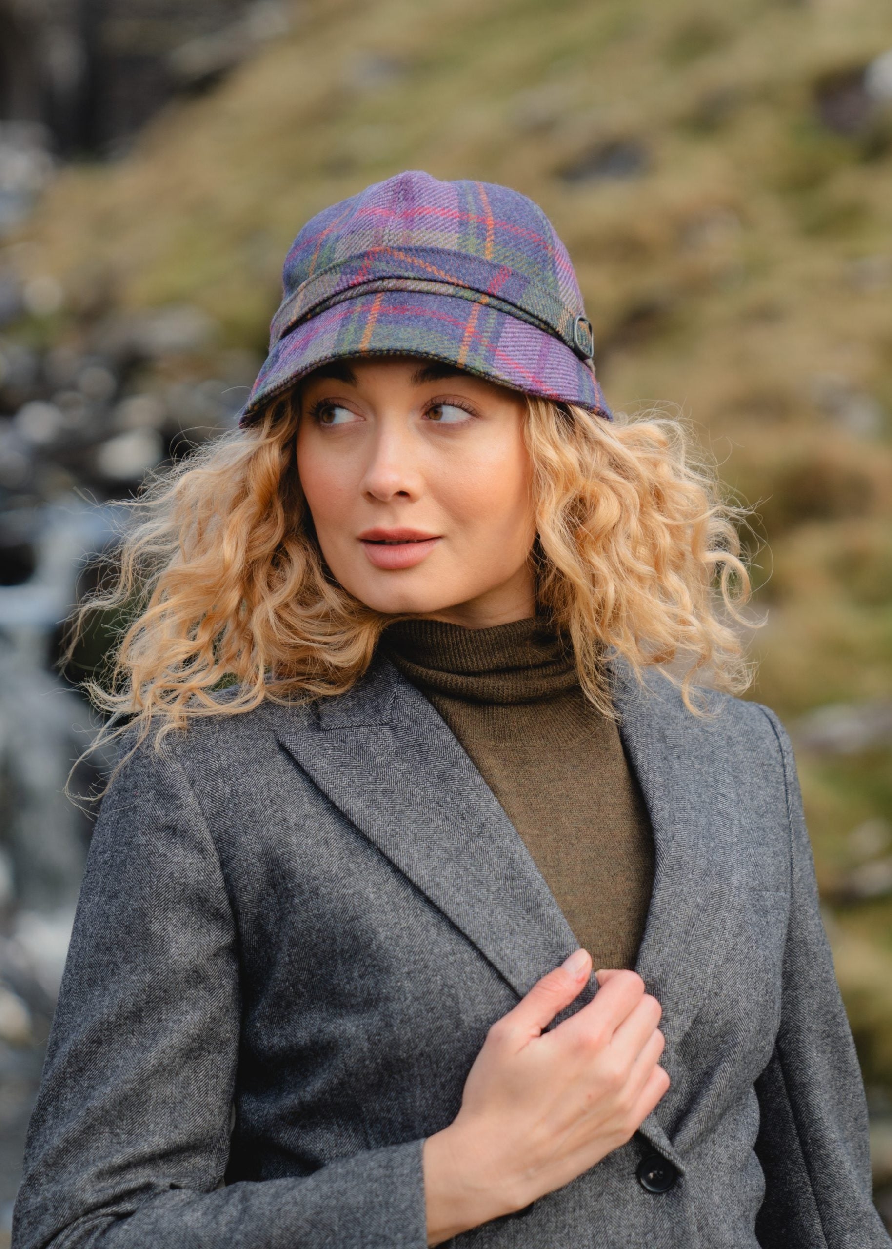 Irish Ladies Tweed Hat | Purple Green Plaid