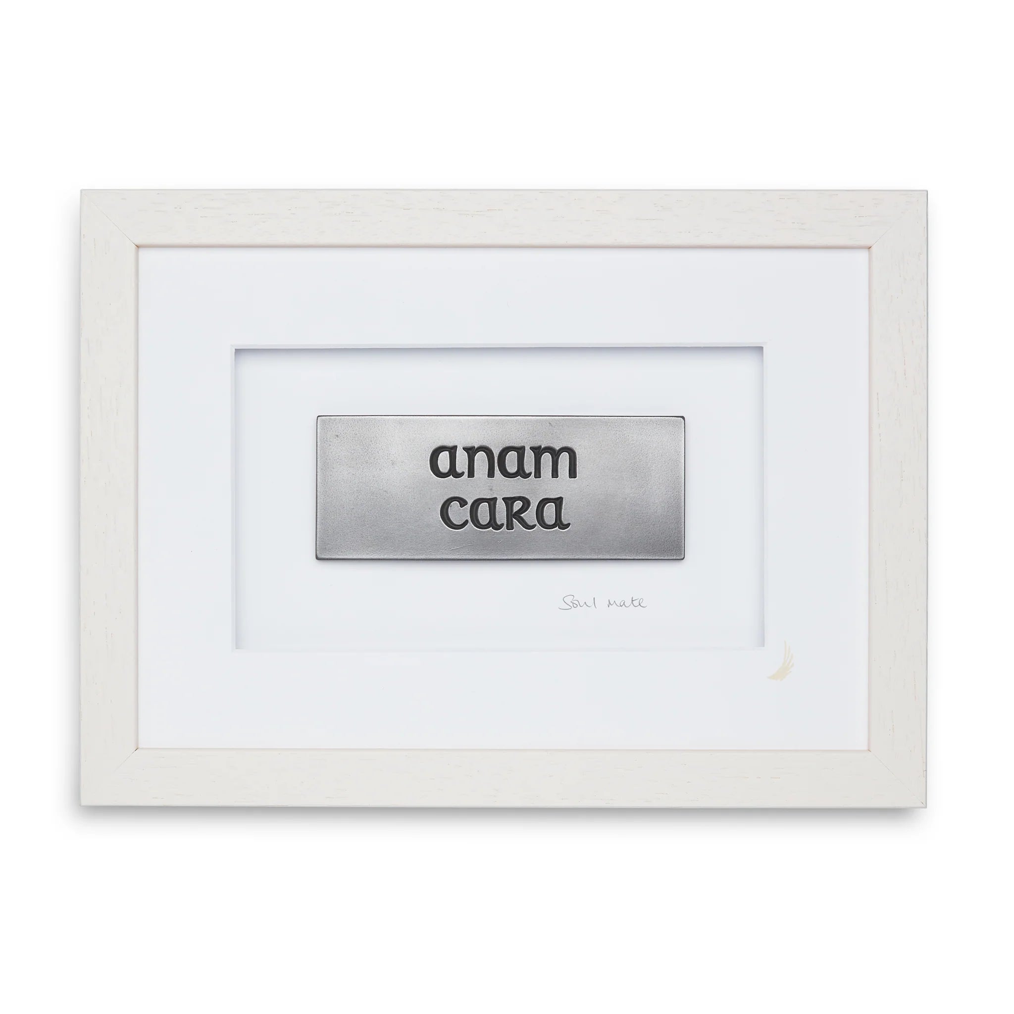 Framed artwork with 'anam cara' text on a white background
