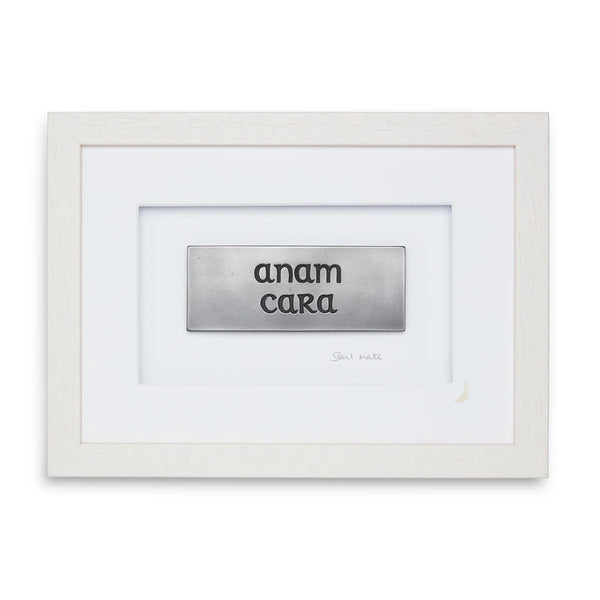 Framed artwork with 'anam cara' text on a white background