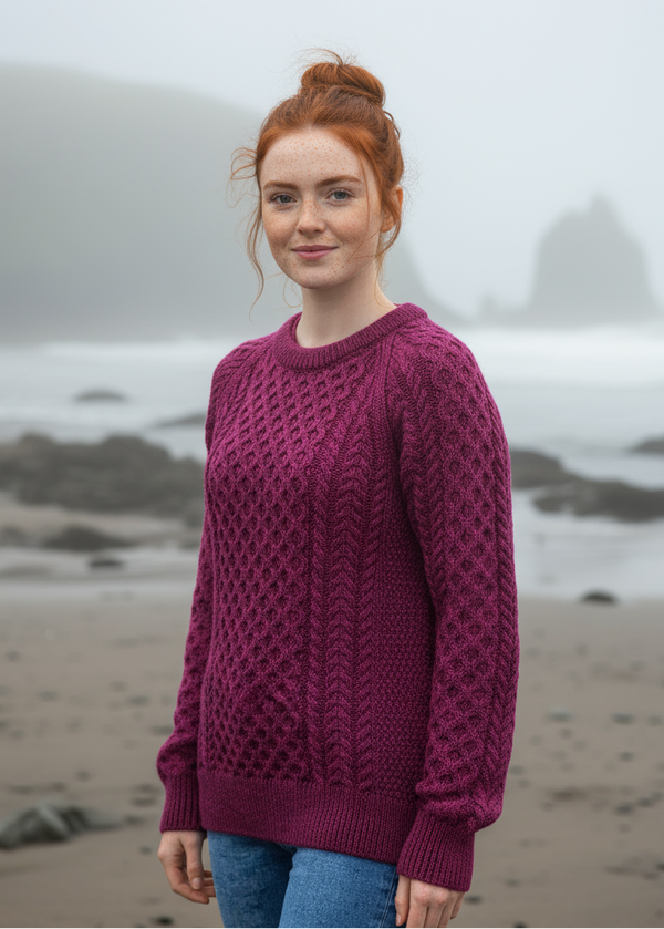 Ladies Slim-Fit Aran Sweater | Raspberry