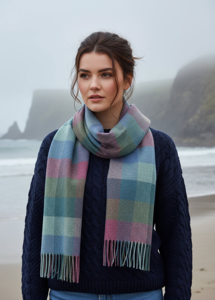 Foxford Lambswool Scarf | Green Turquoise Check