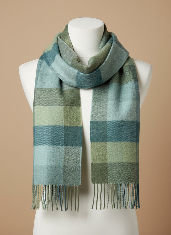 Foxford Lambswool Scarf | Green & Blue Check